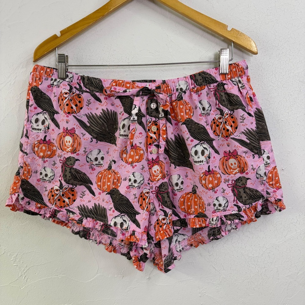Printfresh Sleep Shorts Women Medium Pink Halloween Crow Skulls Pumpkins Spooky